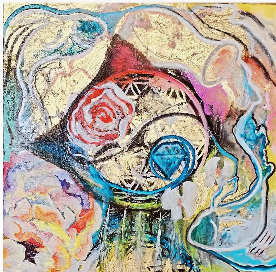 A colorful painting with a rose and sacred geometry, made for a 50th birthday