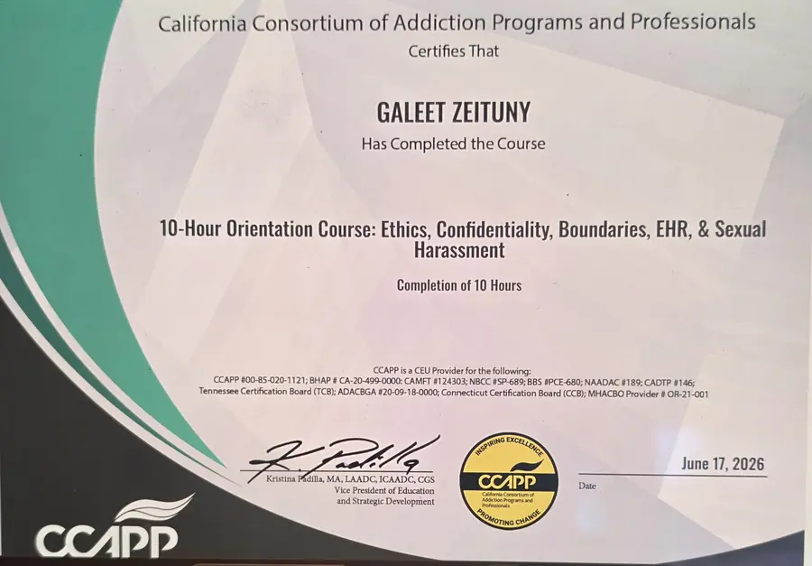 Certificate from the California Consortium of Addiction Programs and Professionals for Galeet Zeituny: a 10-hour orientation course in ethics, confidentiality and boundaries, June 2026