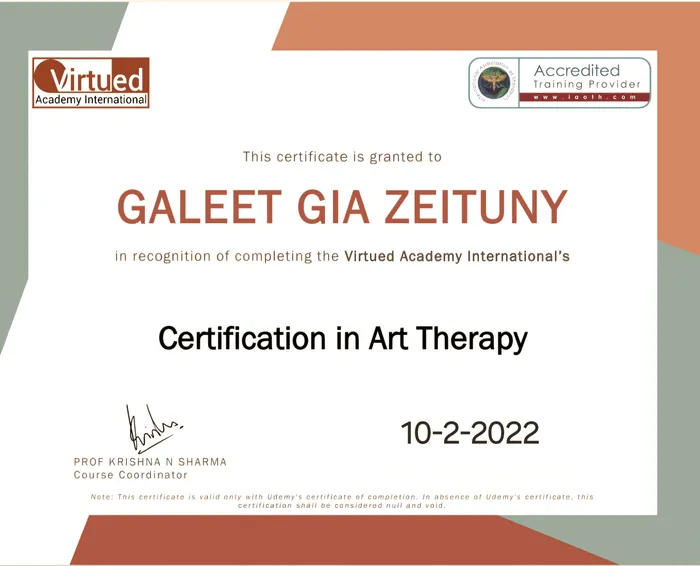 Certificate of completion for Certification in Art Therapy, Virtued Academy International, issued to Galeet Gia Zeituny