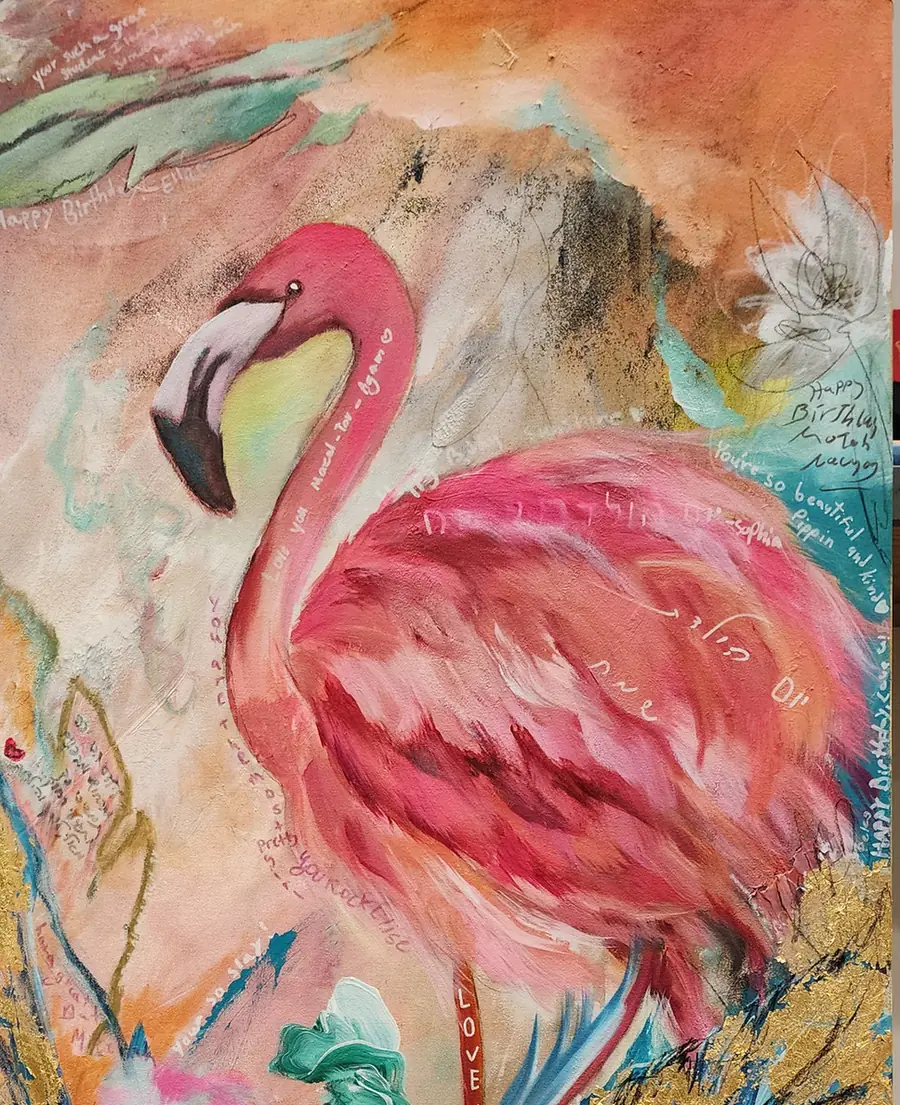 Flamingo canvas with gold leaf, florals and guests’ notes