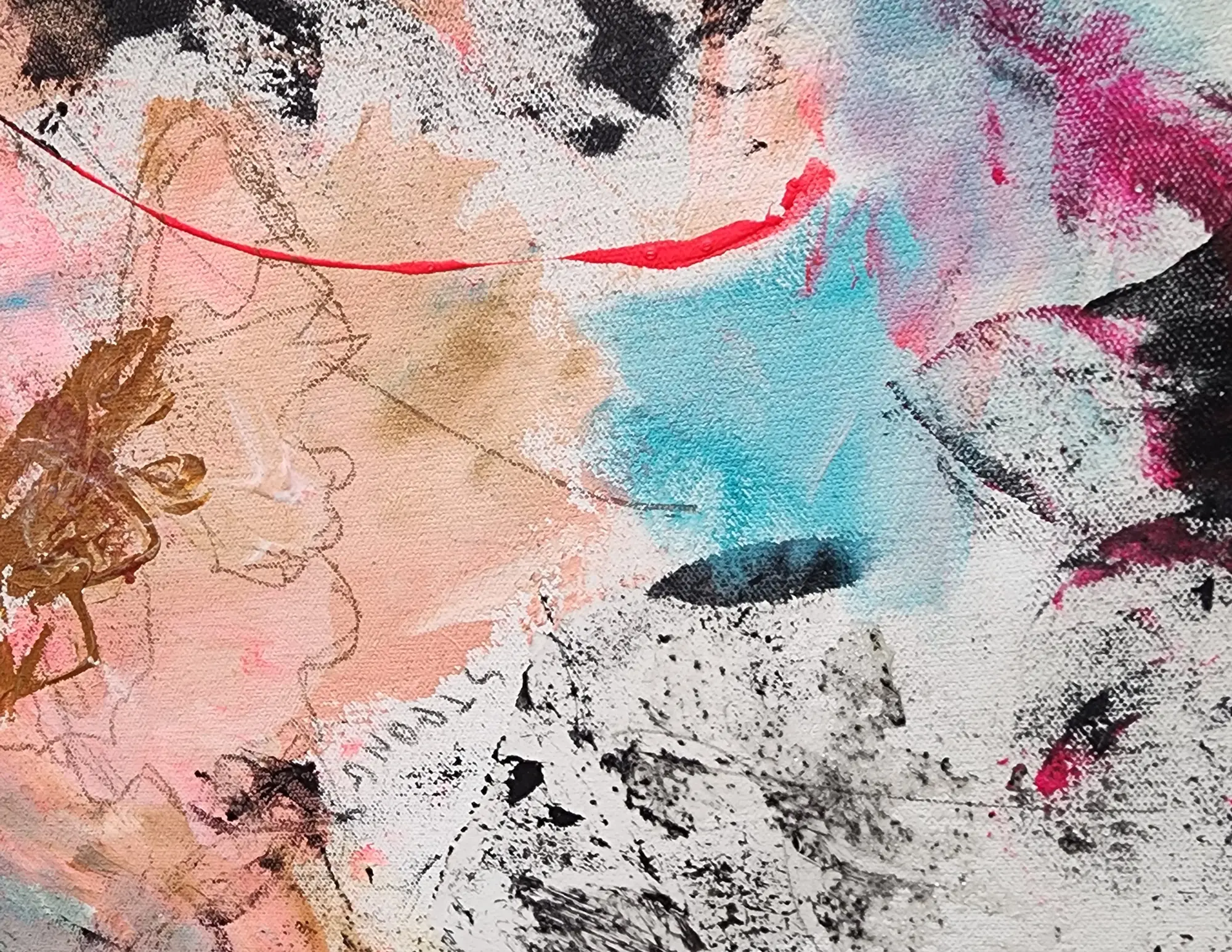 Detail of an abstract painting by Galeet: pink, turquoise and gold over textured white canvas with black splatter