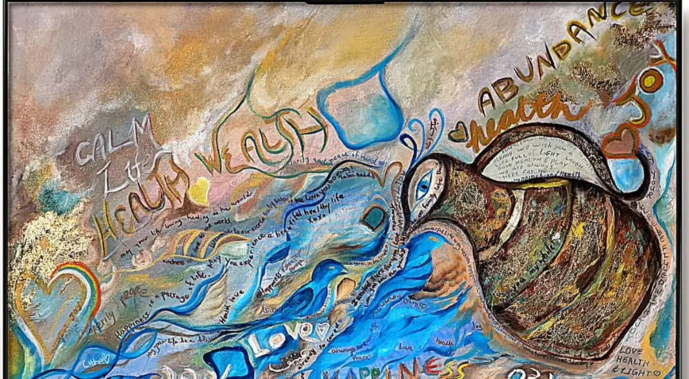 Canvas with the painted words calm, wealth, love, happiness and abundance