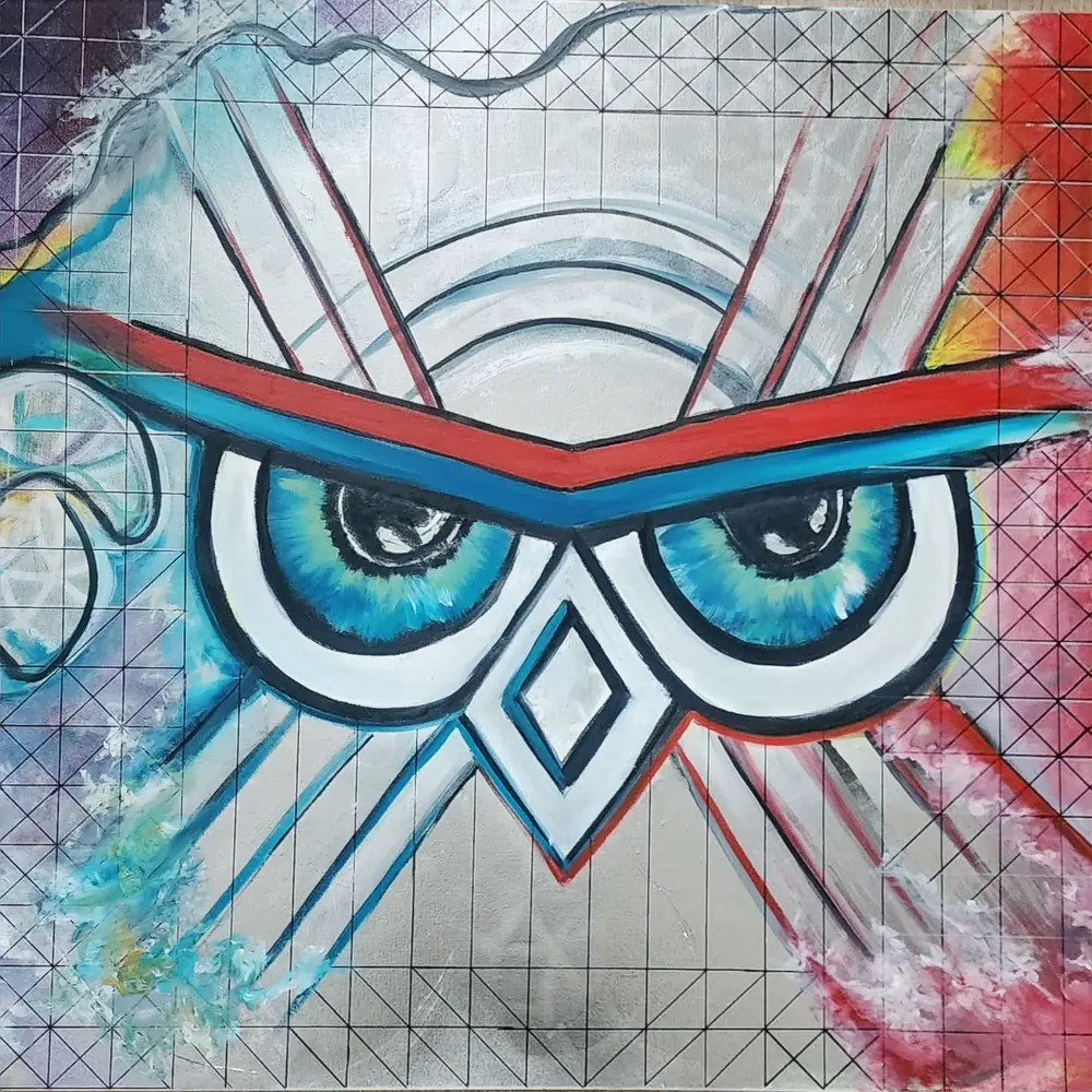 A graphic owl with turquoise eyes painted over a grid of lines