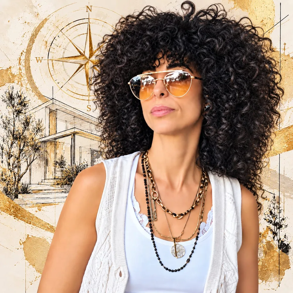 Galeet in sunglasses and a white top, in front of a gold compass and a sketch of a house