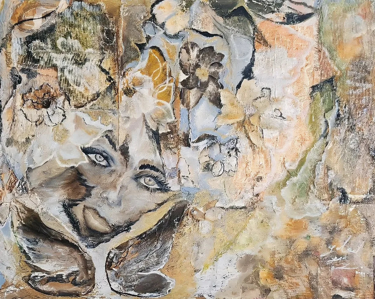 Blooming From the Rubble: a textured painting in sand, gold and black where faces and flowers emerge from layered paint