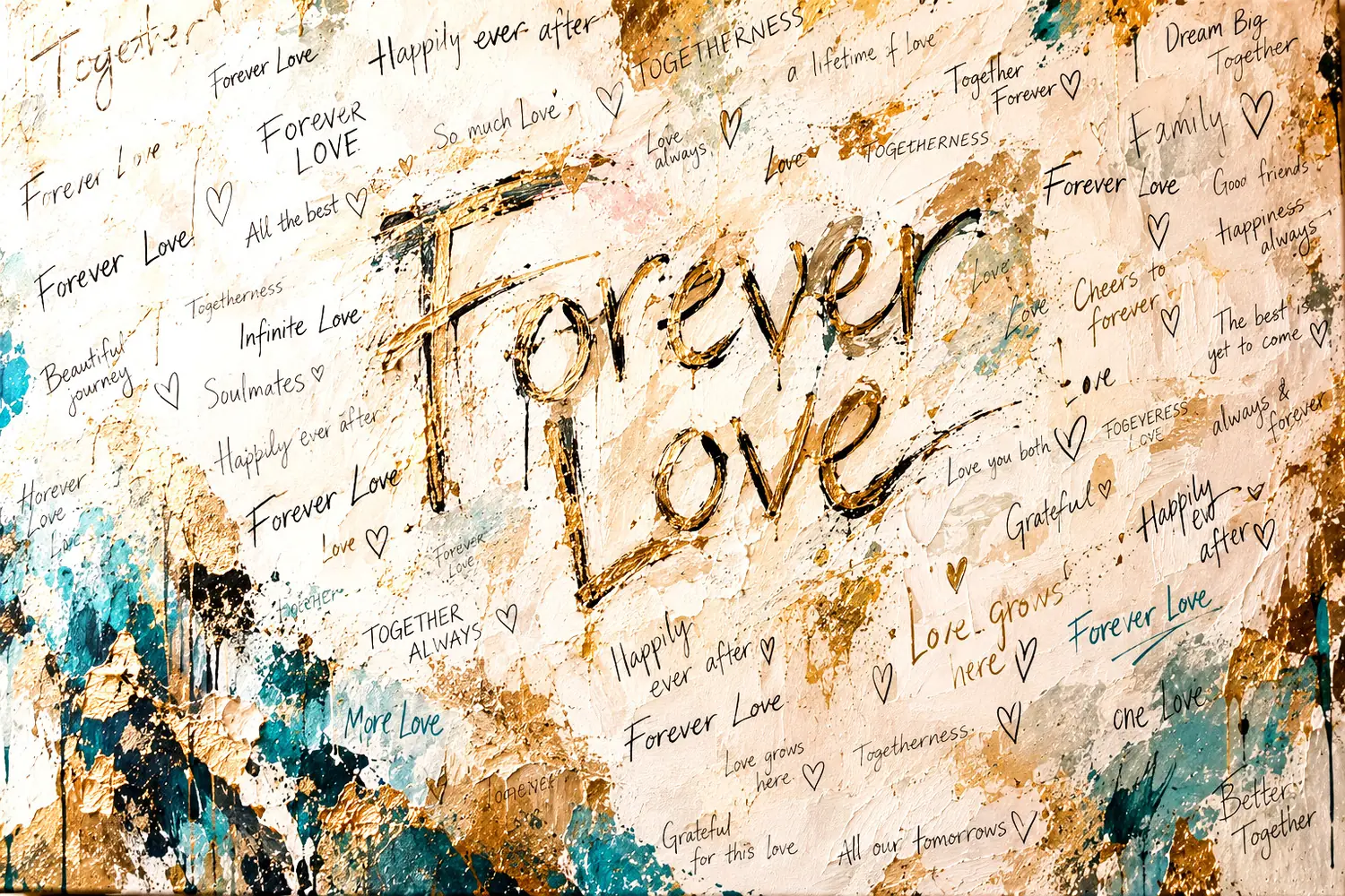 Galeet’s Forever Love guestbook canvas: gold lettering surrounded by guests’ handwritten notes and splashes of turquoise